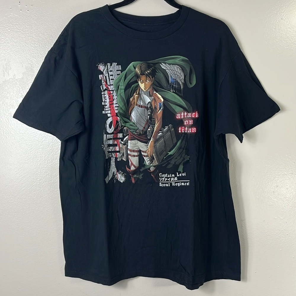 Attack On Titan Anime Captain Levi Black Graphic Short Sleeve Tee Shirt Men’s XL